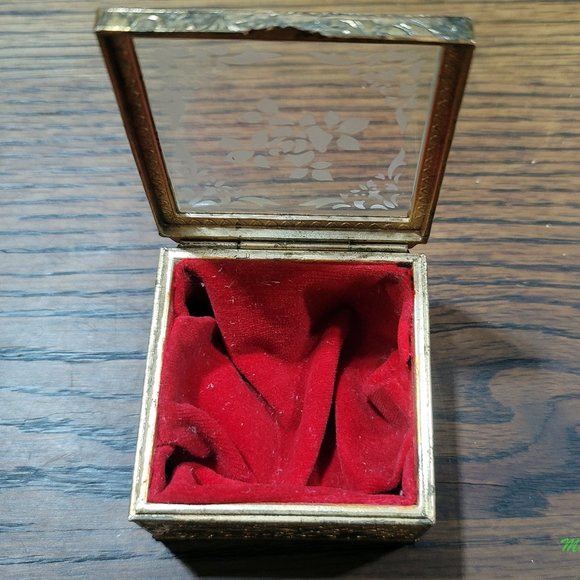 Brass Jewelry Box Velvet Lined with Decorative Glass Top - Picture 5 of 6